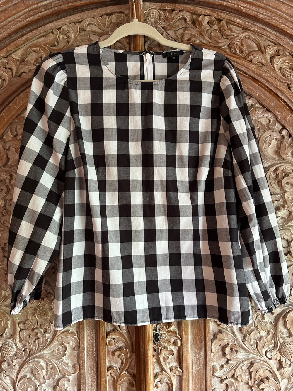 J. Crew Black and White Gingham Puff-Sleeve Blouse